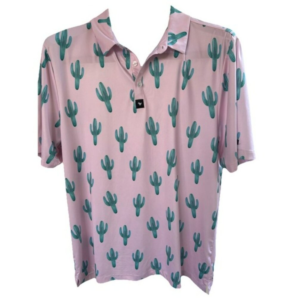 BAD BIRDIE XXL Desert Cactus Mens Polo Golf Pink Performance Golf Short Sleeve - Picture 2 of 8